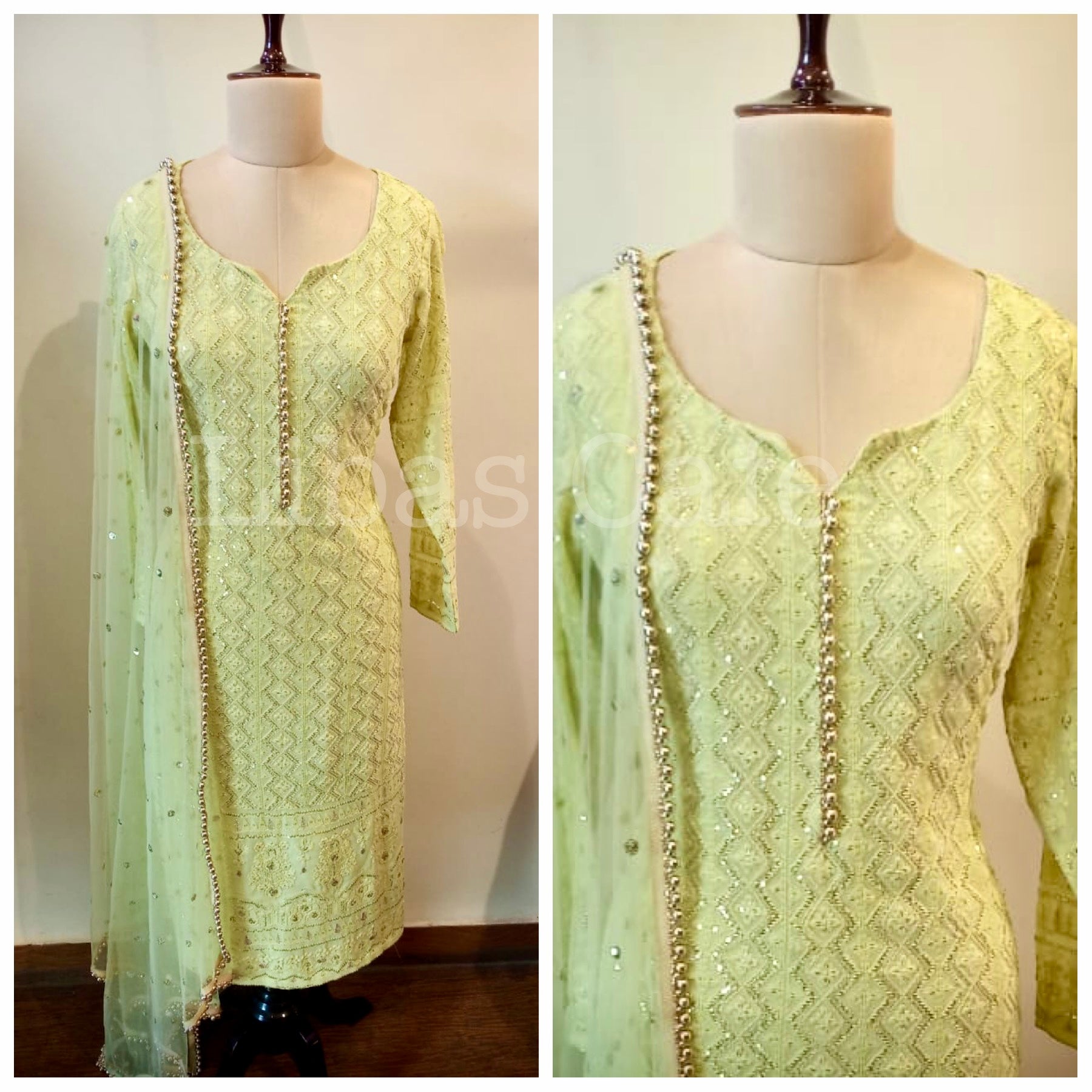 Pastel Green Lakhnavi Straight Suit